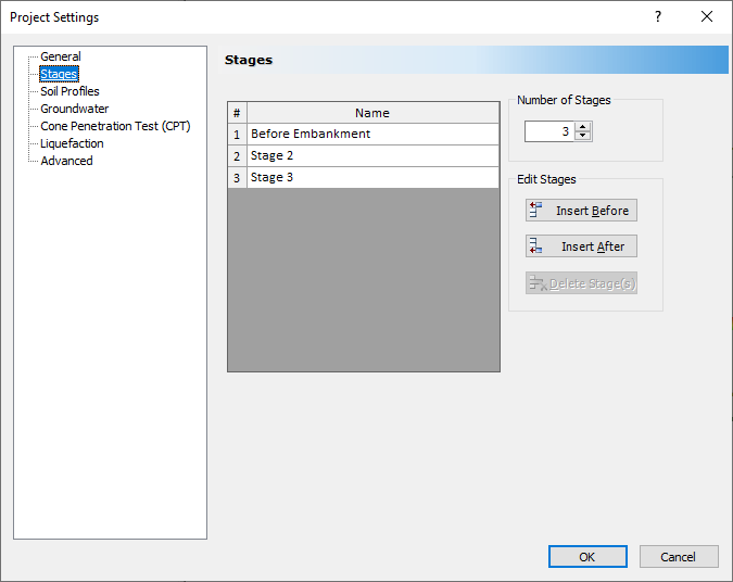 Project setting dialog - Stages tab